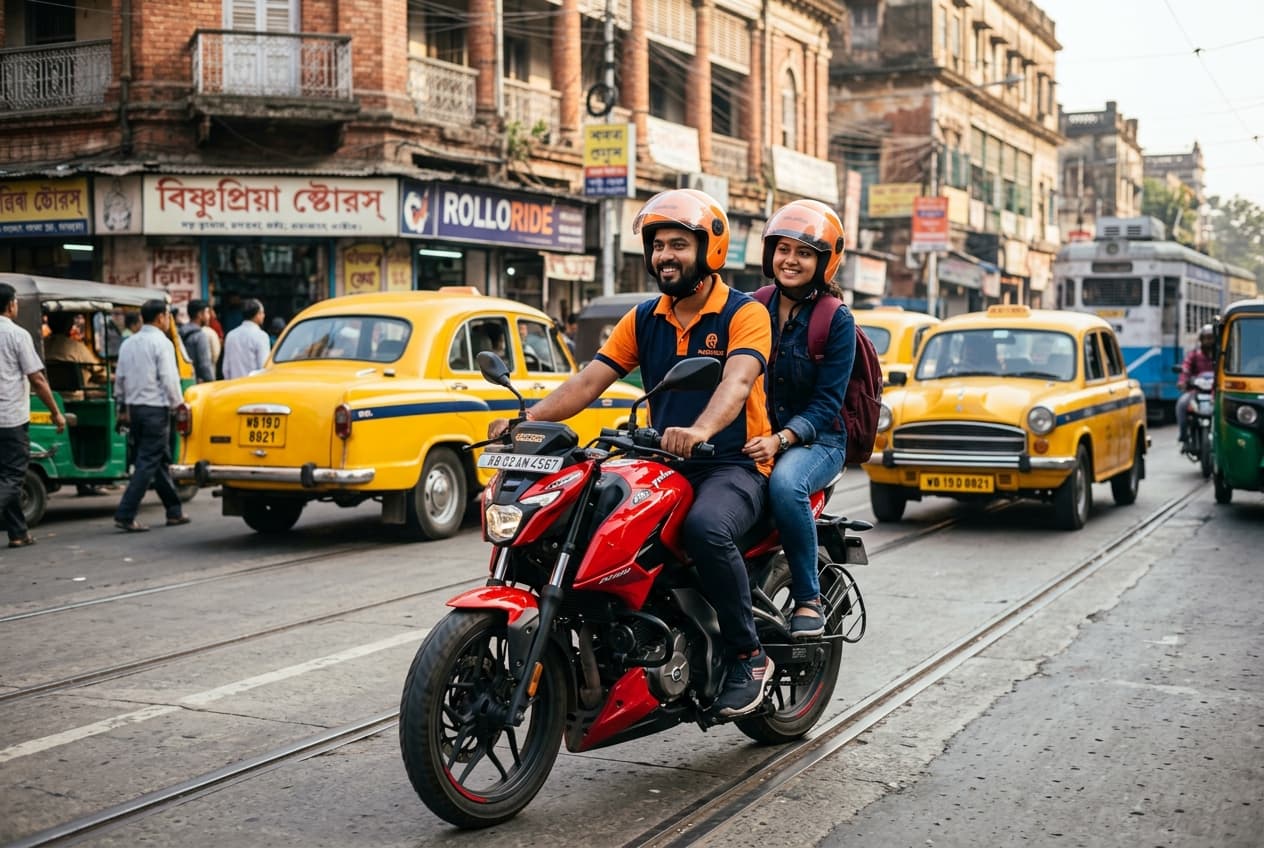 RollORide Bike Taxi Rider on Red Bajaj Pulsar N160 with Pillion in Kolkata